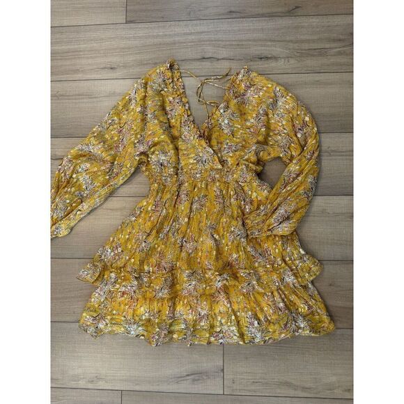 The Kooples Women's Yellow Floral V-Neck spring Metallic Mini‎ Dress 3 large L - Picture 2 of 2